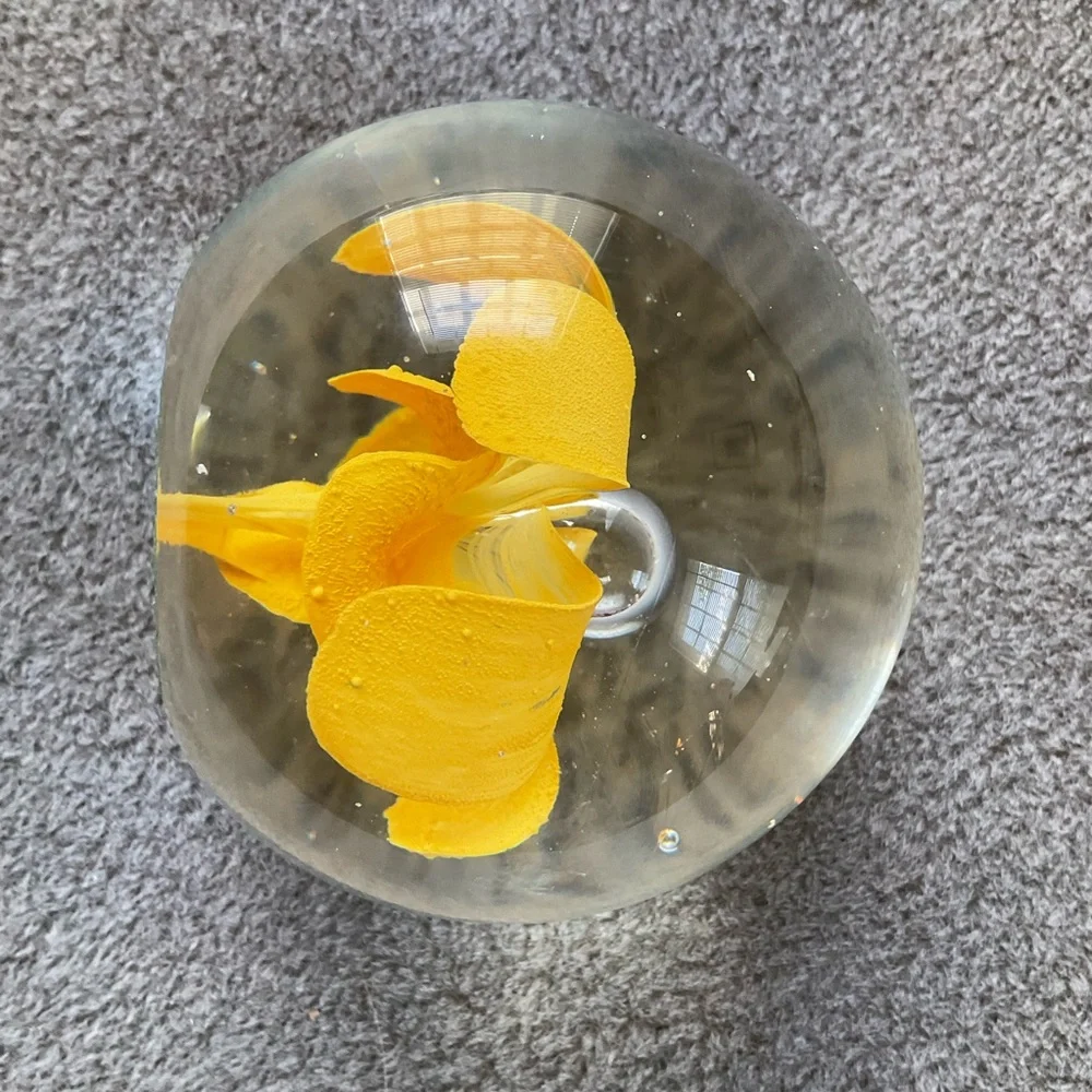 Mesmerizing Vintage Glass Paperweight Hand Blown Yellow Flower